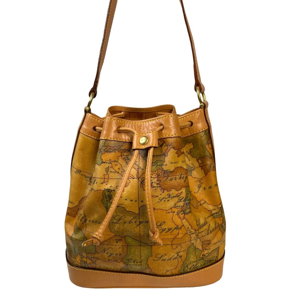 Alviero Martini 1A Classe Geo Map Print Leather Bucket Bag Crossbody Italy